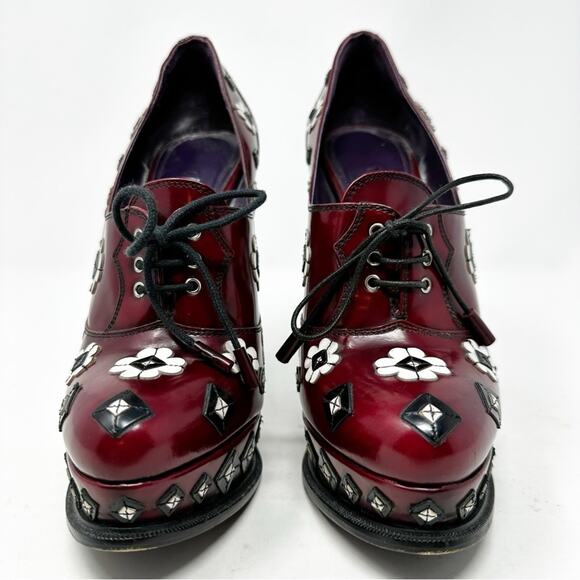 Prada Spazzolato Floral Studded Platform Lace Up Heels Womens Size EU 37.5 - Picture 4 of 13